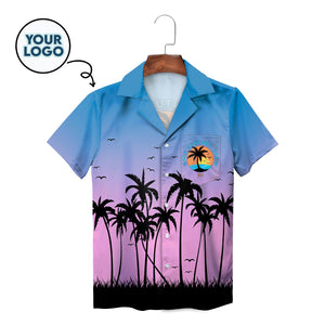 Blue purple gradient palm tree silhouette Hawaiian shirt on hanger