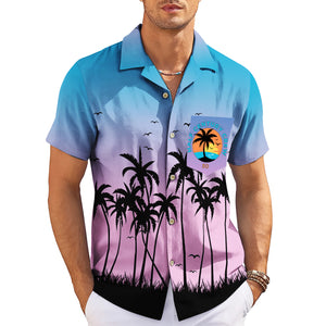 Blue purple gradient palm tree silhouette Hawaiian shirt on hanger variant 3