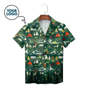 Green campfire mountain deer tent print Hawaiian shirt