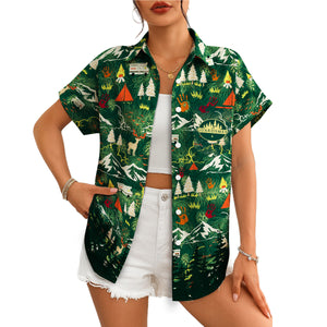 Green campfire mountain deer tent print Hawaiian shirt variant 4