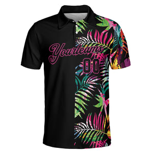Black polo shirt printed with bright tropical fronds
