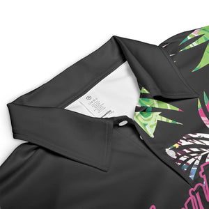 Black polo shirt printed with bright tropical fronds variant 3