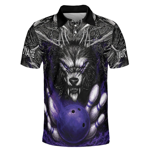 Custom Name Snarling Wolf Purple Bowling Ball Strike Polo Shirt