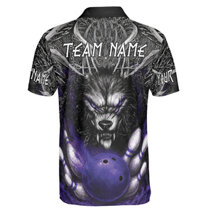Fierce silver wolf polo shirt with violet bowling ball and pins variant 2