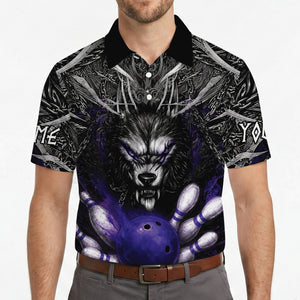 Fierce silver wolf polo shirt with violet bowling ball and pins variant 4