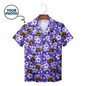 Purple floral Hawaiian shirt with custom dog face print