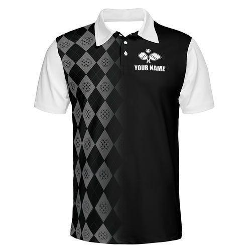 Custom Pickleball Argyle Black Gray Polo Shirt Personalized