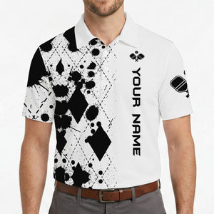 Black white ink splatter diamond pickleball polo with name variant 4