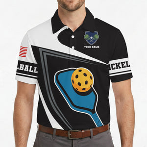 Black white pickleball polo with blue paddle yellow ball graphic variant 4