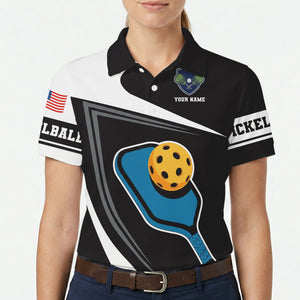 Black white pickleball polo with blue paddle yellow ball graphic variant 5
