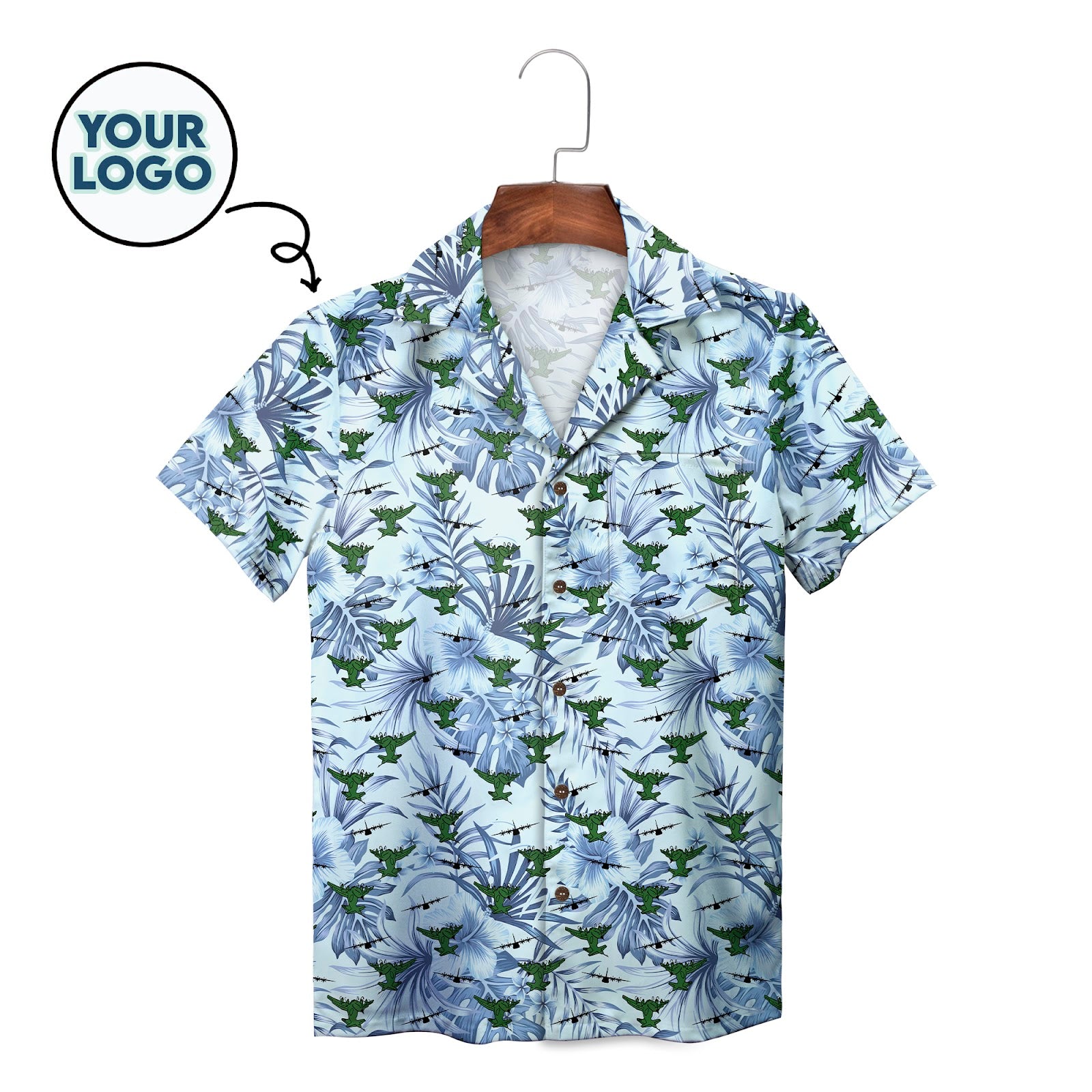 Light blue aloha shirt showing crocodiles palm fronds white blossoms