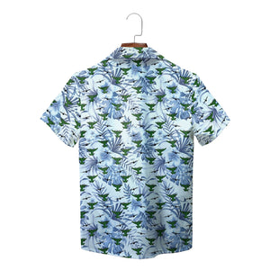 Light blue aloha shirt showing crocodiles palm fronds white blossoms variant 2