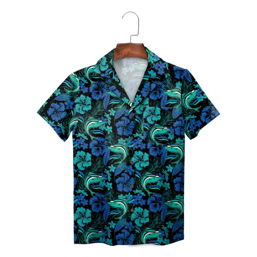 Custom Team Mint Shark Logo Blue Hibiscus Black Hawaiian Shirt