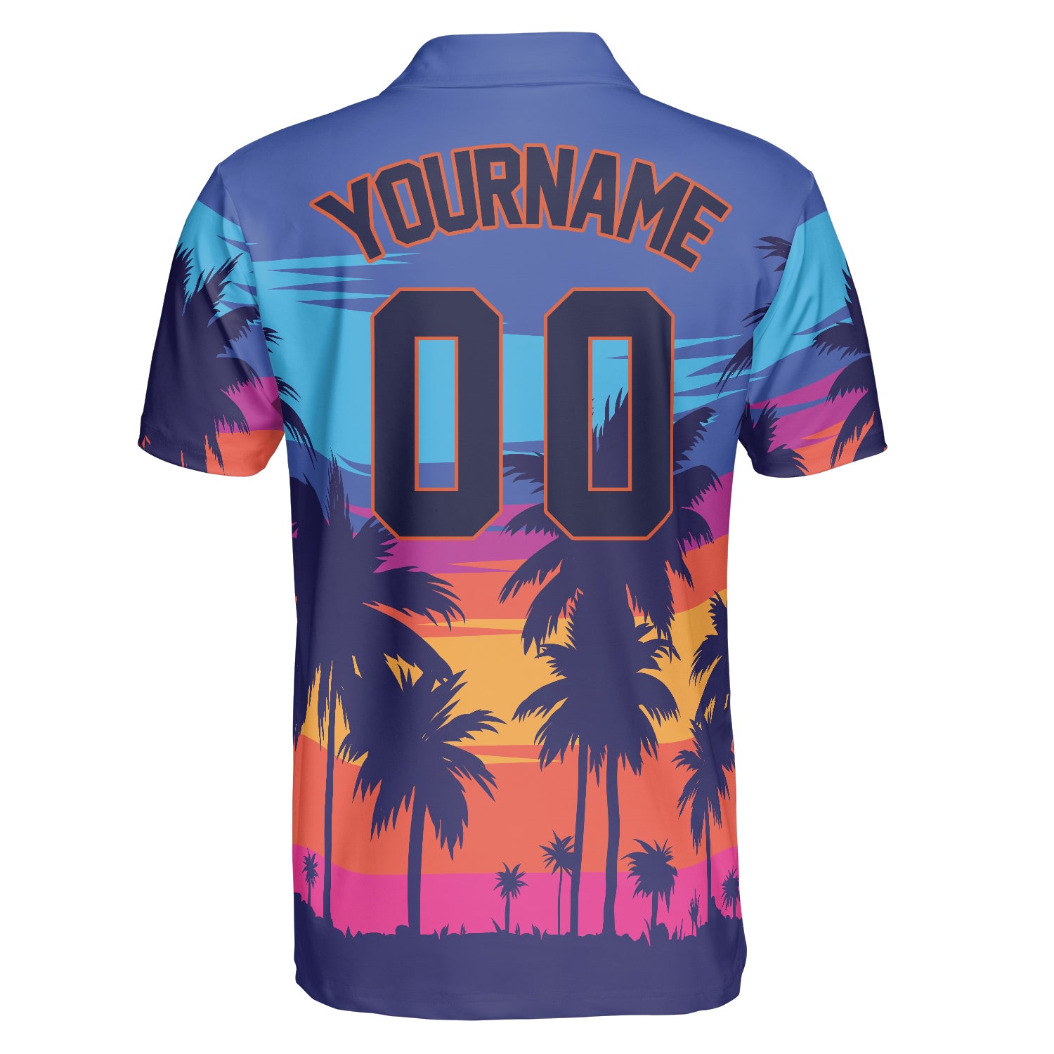 Blue orange pink sunset polo with palm tree silhouettes variant 2