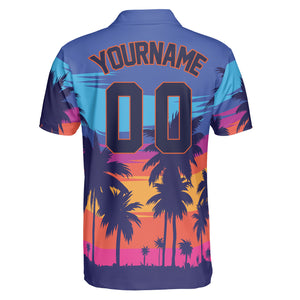 Blue orange pink sunset polo with palm tree silhouettes variant 2