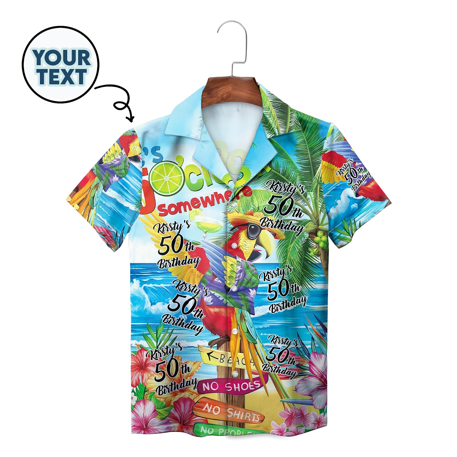Colorful parrot beach scene Hawaiian shirt with custom birthday text