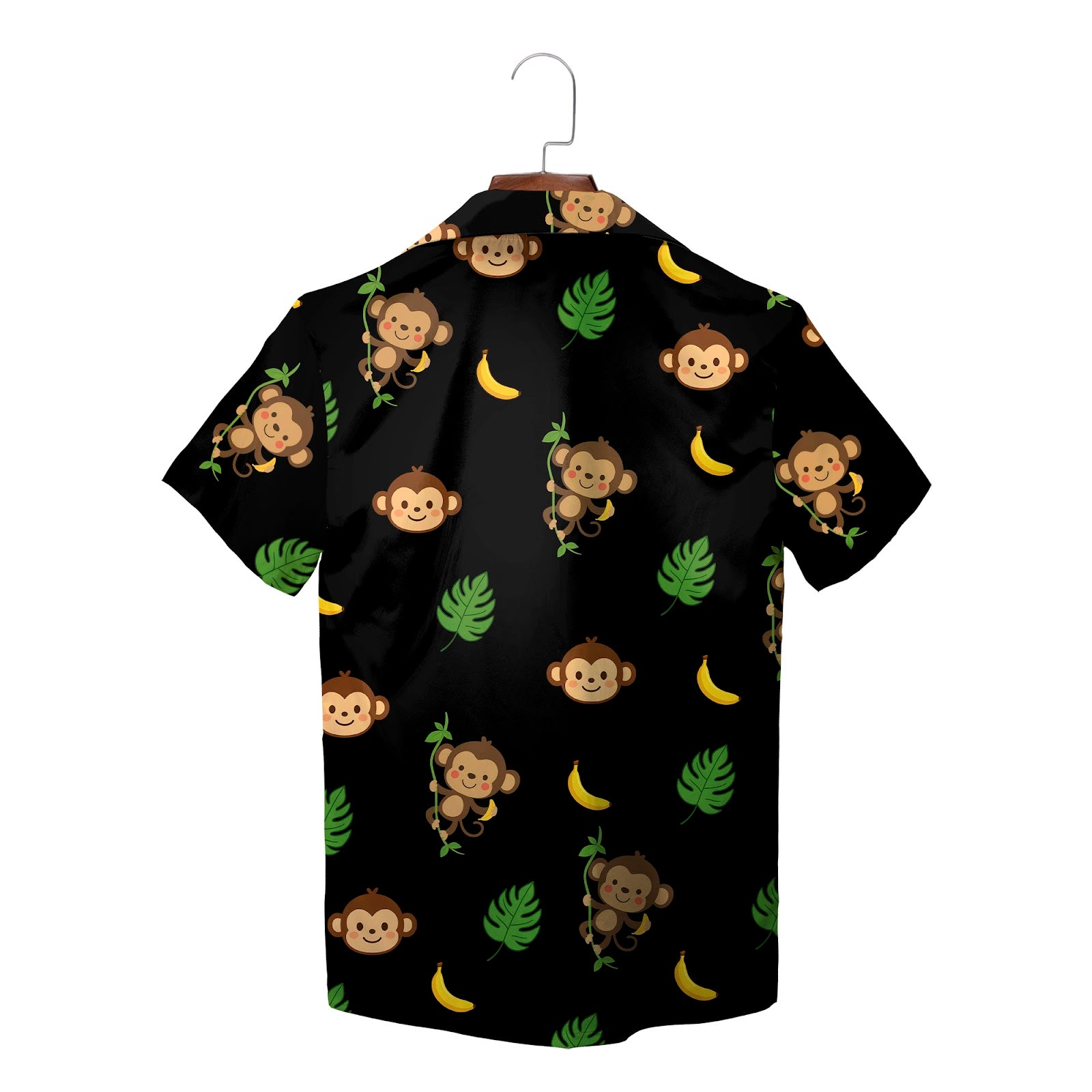 Black Hawaiian shirt with cartoon monkeys bananas green leaves variant 2