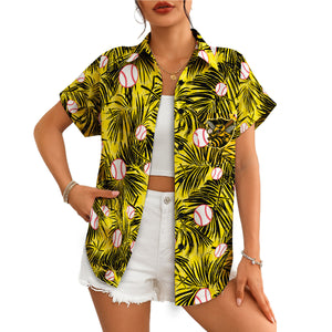 Yellow camp shirt featuring baseballs palm fronds bee crest variant 4