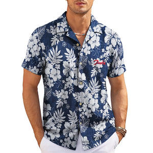 Indigo aloha shirt showing white hibiscus monstera print variant 3