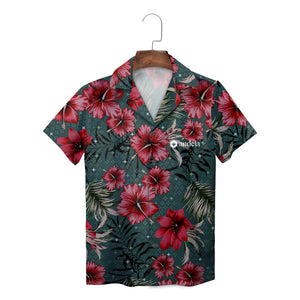 Red Hibiscus and Sparkle Star Deep Green Custom Hawaiian Shirt