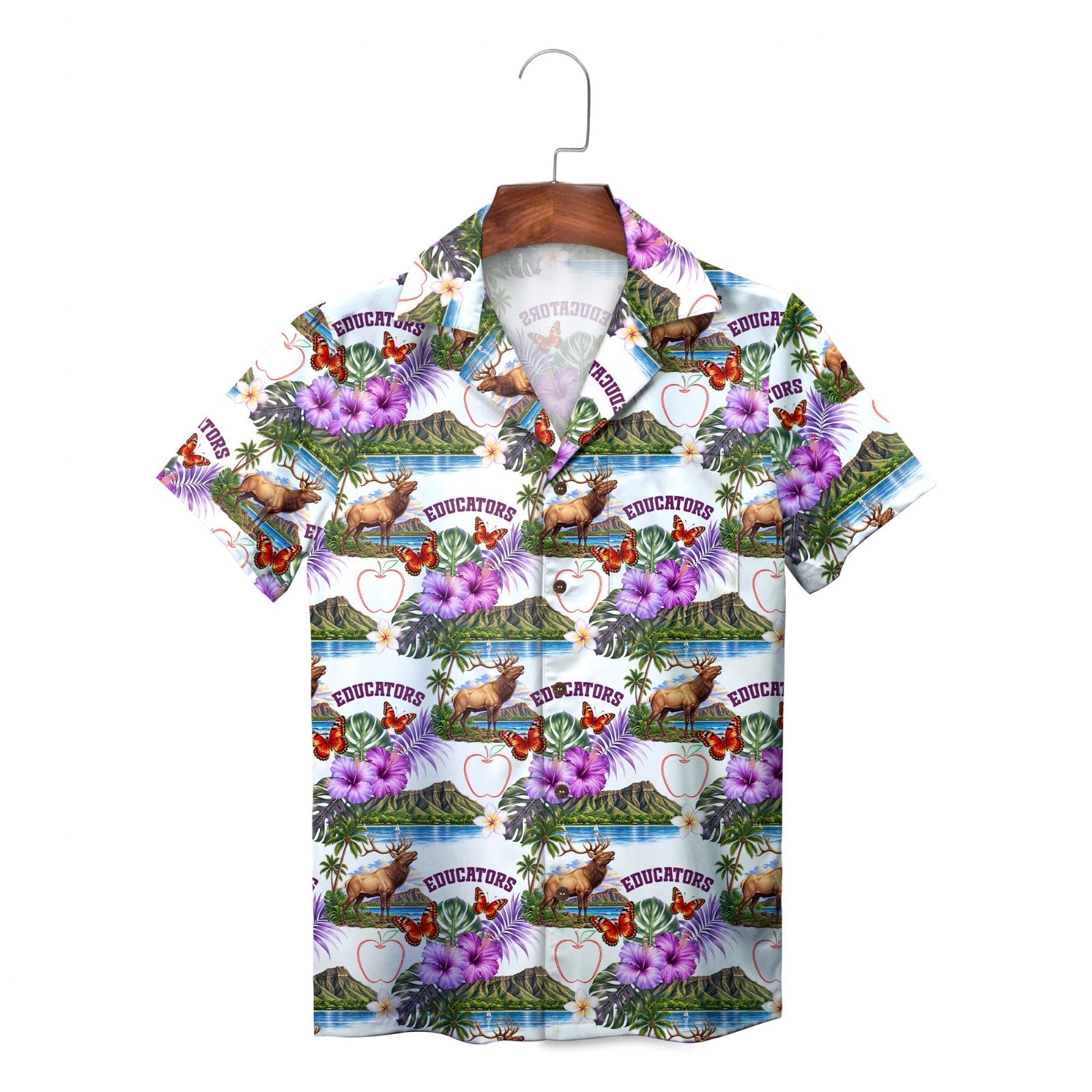 Violet floral stag butterfly print shirt on wooden hanger