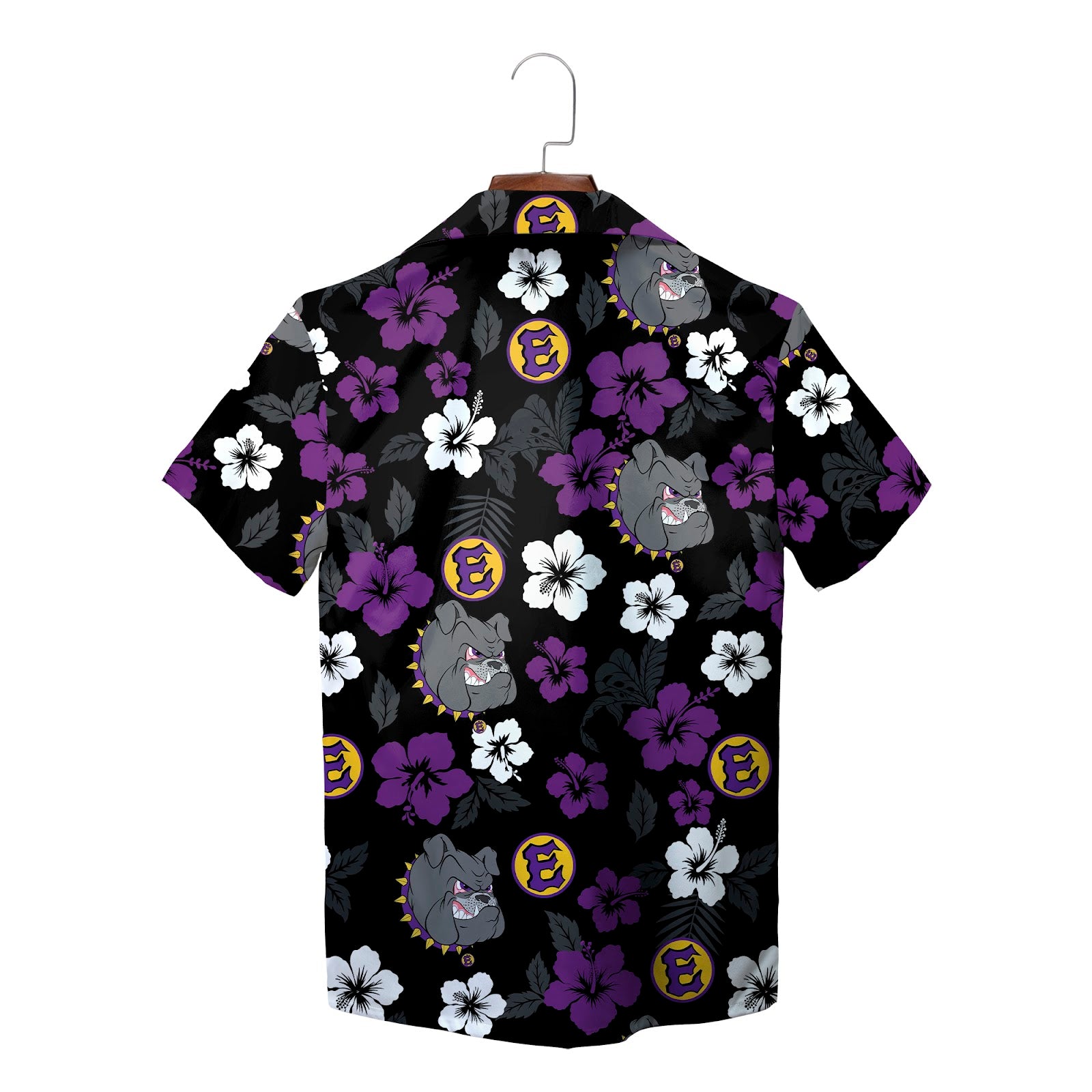 Black aloha shirt bulldog logo purple white flowers variant 2
