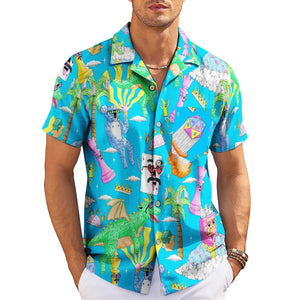 Blue Hawaiian shirt with cartoon dragons dice chess pieces variant 3
