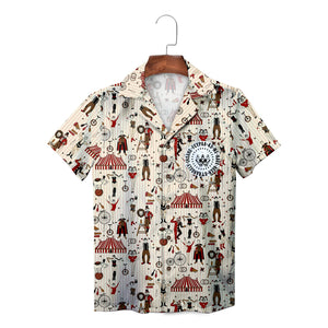 Cream striped circus print shirt with clown skull pocket badge
