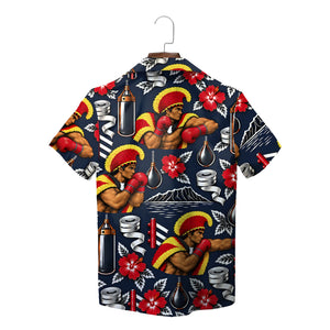 Boxing Warrior and Hibiscus Navy Blue Custom Hawaiian Shirt
