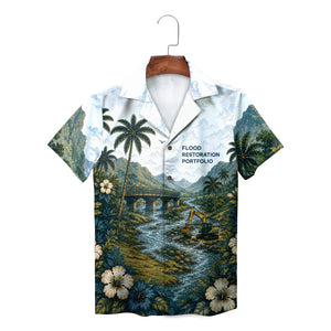 Yellow excavator by mountain stream on white aloha top