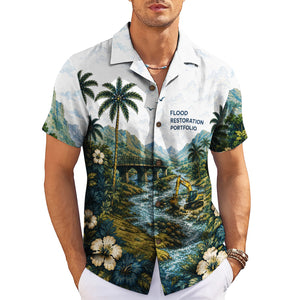 Yellow excavator by mountain stream on white aloha top variant 5