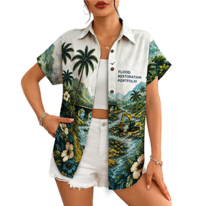 Yellow excavator by mountain stream on white aloha top variant 6