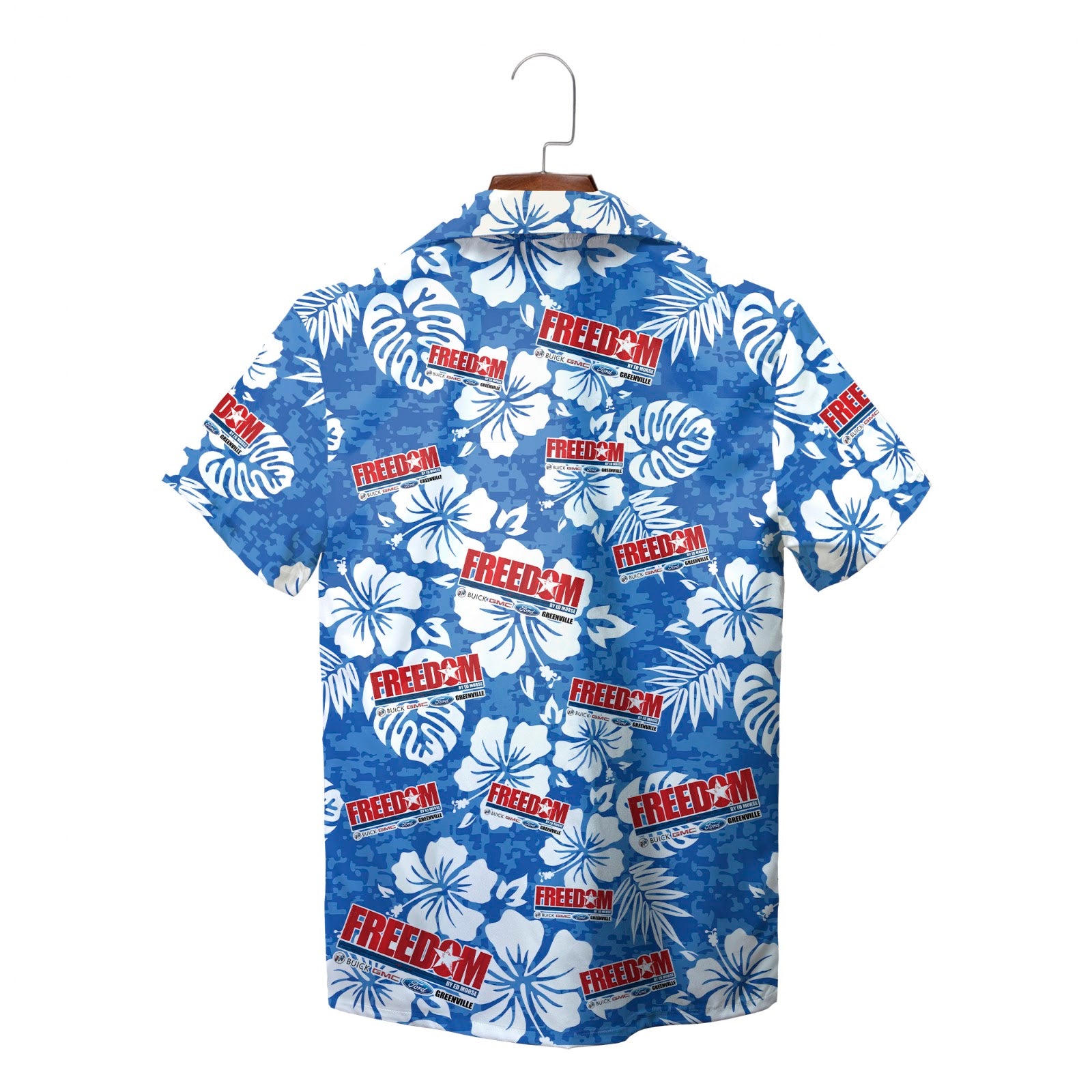 Blue white hibiscus camp shirt with red Freedom dealership logos variant 2