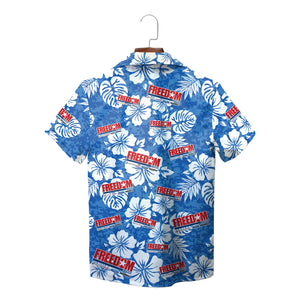 Blue white hibiscus camp shirt with red Freedom dealership logos variant 2