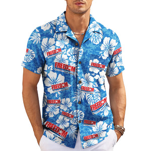 Blue white hibiscus camp shirt with red Freedom dealership logos variant 3