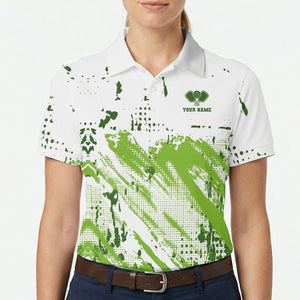 White polo shirt lime green paint splash pickleball design variant 2