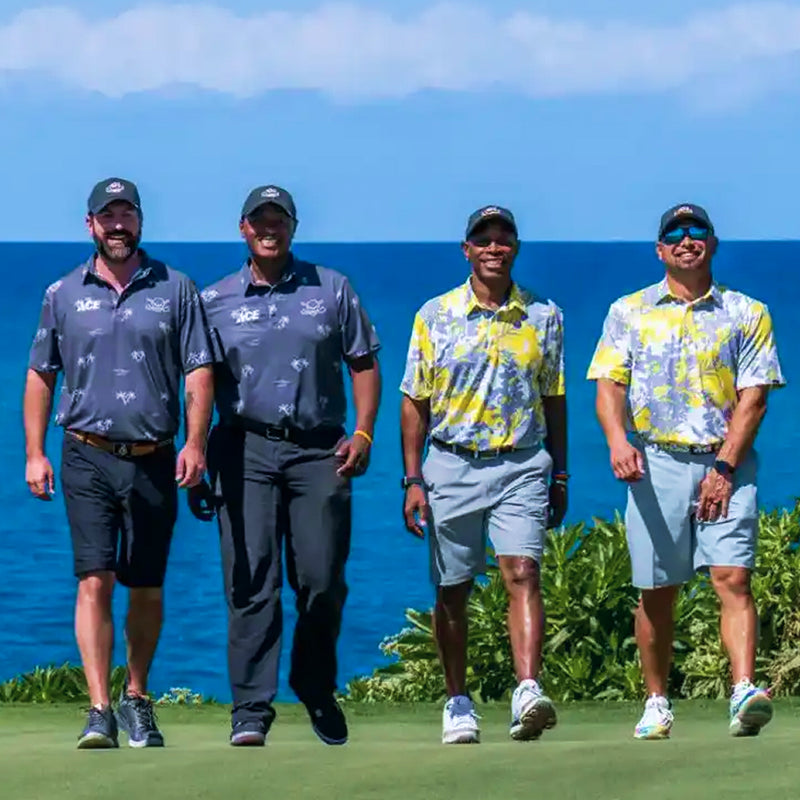 Team in colorful custom polo shirts