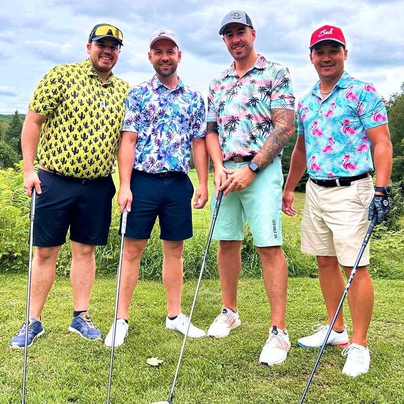 Group wearing colorful custom polo shirts