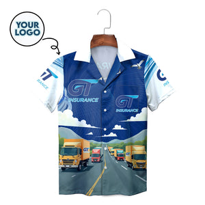 Blue Hawaiian shirt with trucks on highway and GT Insurance logos