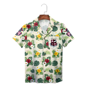 Cream floral aloha shirt showing knight badge pocket crest