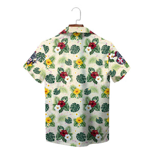 Cream floral aloha shirt showing knight badge pocket crest variant 2