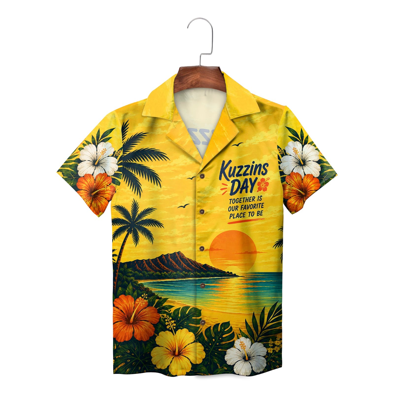 Yellow aloha shirt featuring sunset beach palms hibiscus blooms