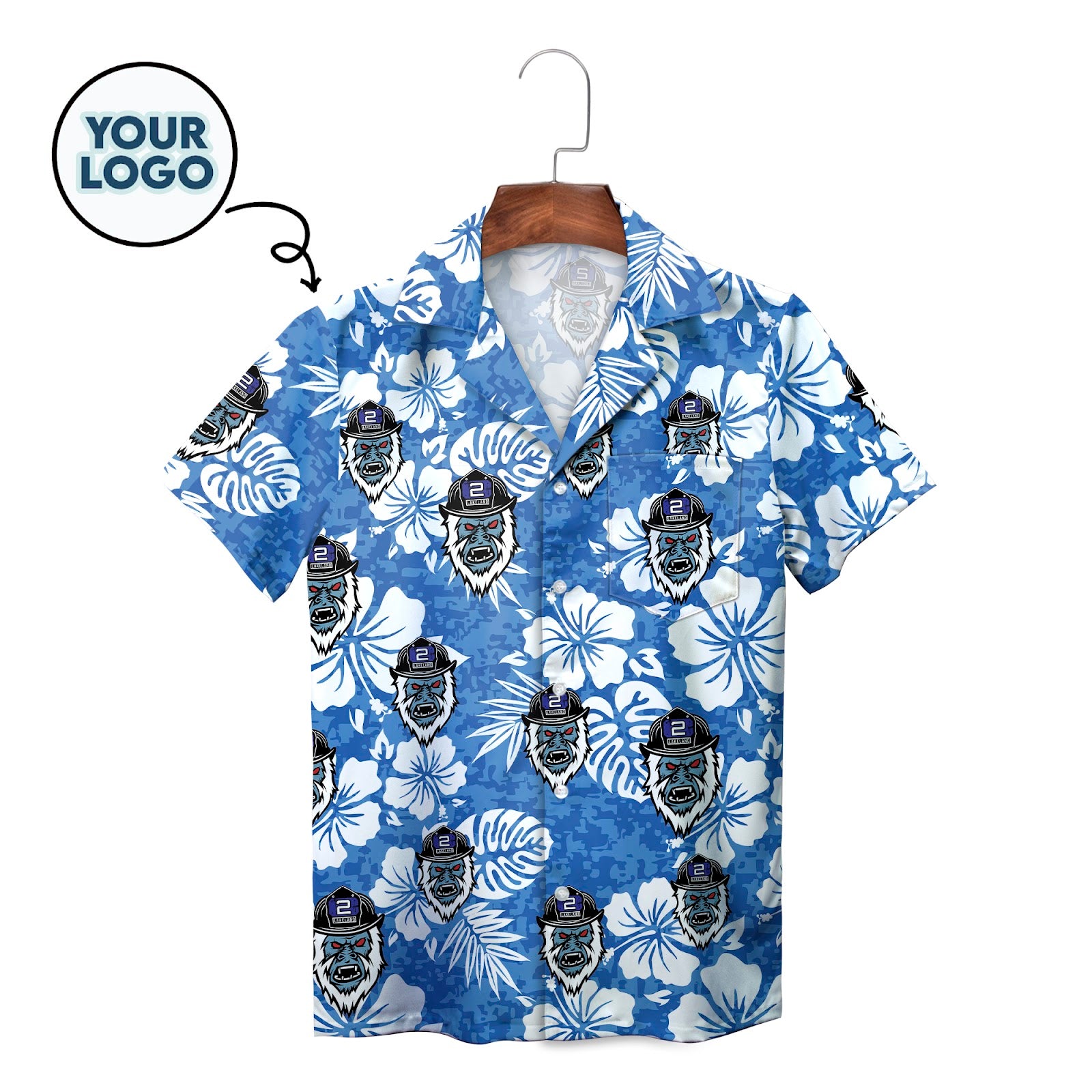 Blue floral aloha shirt featuring fierce yeti mascot heads