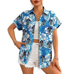 Blue floral aloha shirt featuring fierce yeti mascot heads variant 4