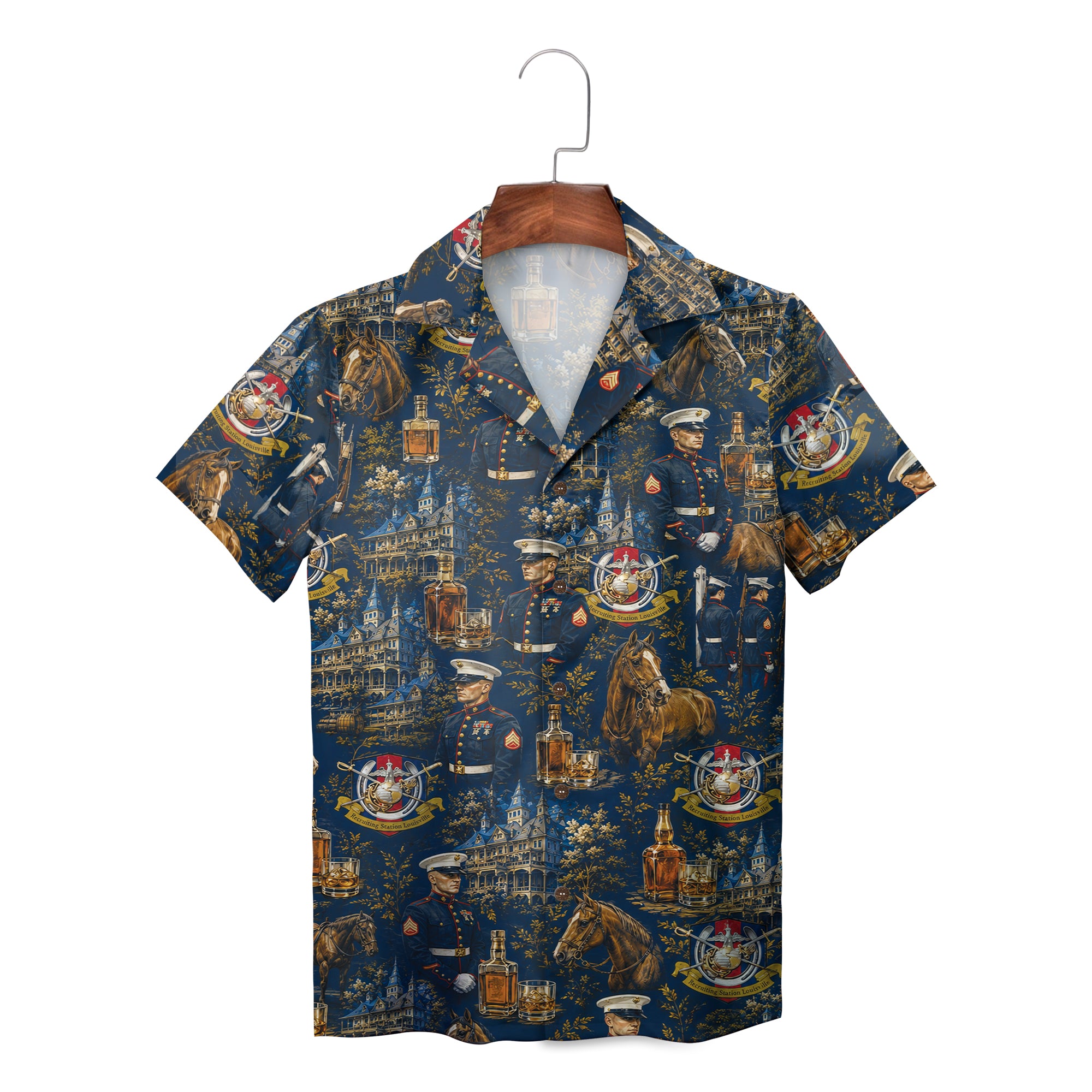 Navy Hawaiian shirt with Marines horses bourbon buildings