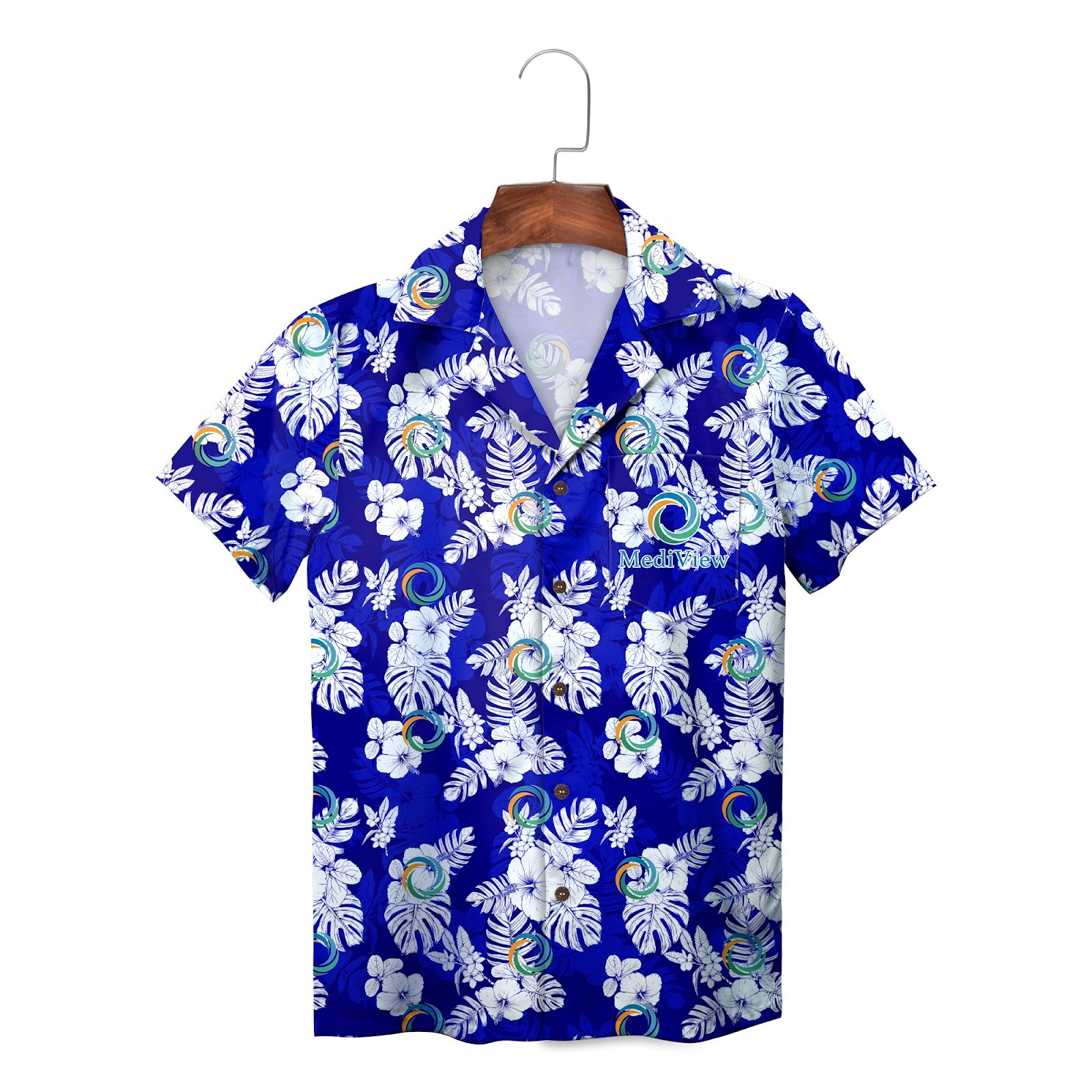 Royal blue aloha shirt featuring white hibiscus leaves MediView logo variant 2