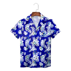 Royal blue aloha shirt featuring white hibiscus leaves MediView logo variant 2