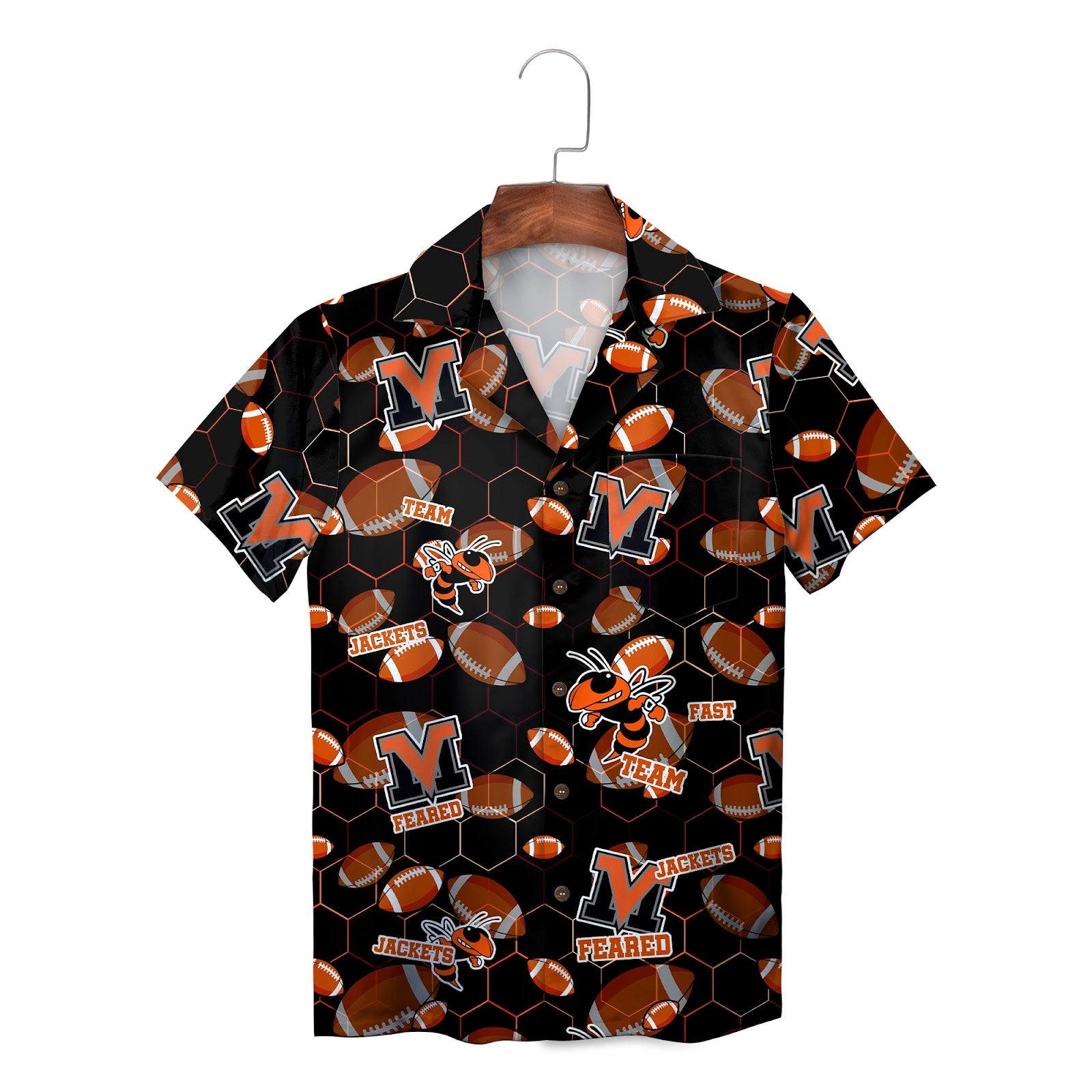 Black orange hornet mascot footballs leafy button shirt on hanger variant 2