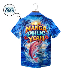 Blue Hawaiian shirt red snapper fish jumping ocean waves palms variant 2