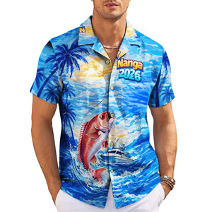 Blue Hawaiian shirt red snapper fish jumping ocean waves palms variant 3